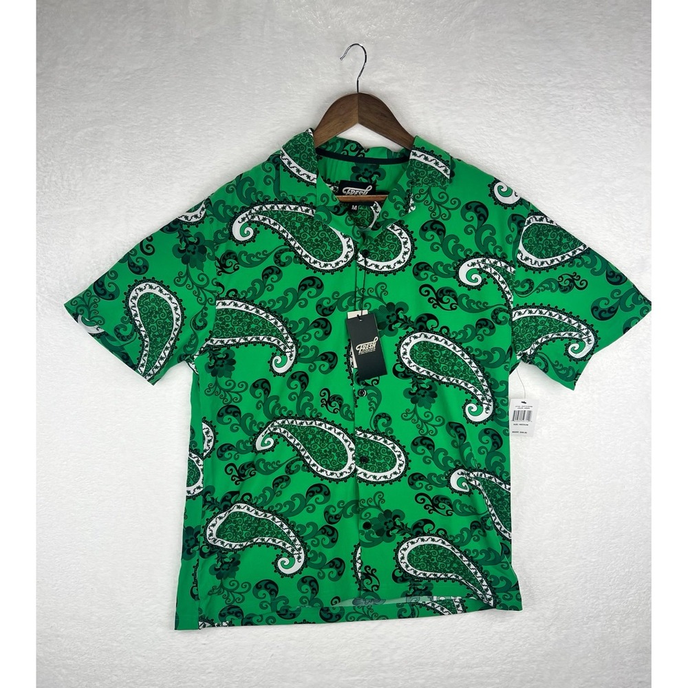 New Fresh Prints of Bel-Air Mens Button Up Shirt M Green Paisley Stretch Fabric
